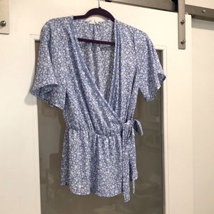 Floral short sleeve faux wrap top